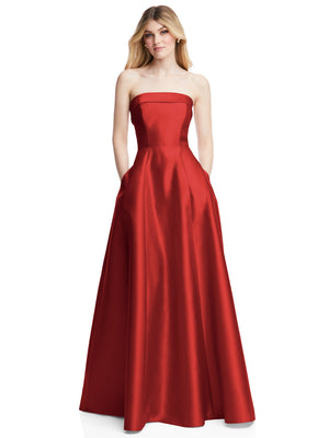 Strapless satin gown with structured bodice and pleated flared skirt, red