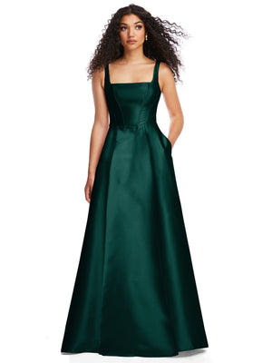 Dark green satin corset gown with square neckline, spaghetti straps, full skirt