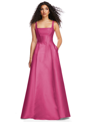Pink satin boned corset gown with square neckline and full A-line skirt