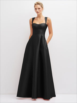Black satin bustier dress with full skirt and spaghetti straps