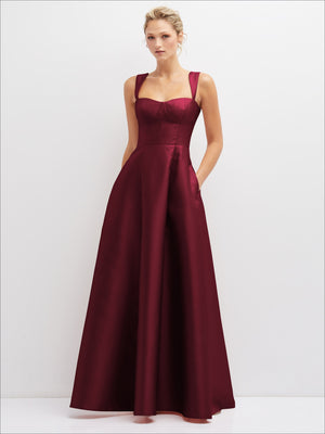 Satin bustier dress with spaghetti straps, square neckline, and full gathered skirt in burgundy