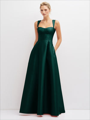 Dark green satin bustier dress with full skirt and spaghetti straps, front view