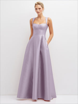 Lavender satin bustier dress with full skirt and spaghetti straps