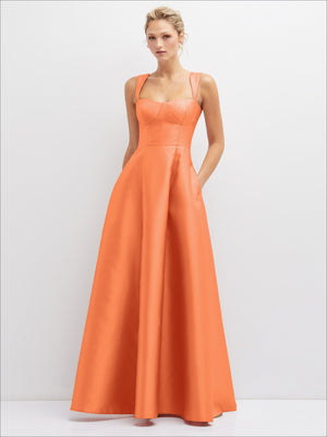 Satin bustier dress with spaghetti straps and full gathered skirt in orange-coral