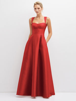 Red satin bustier dress with full skirt, square neckline, and spaghetti straps