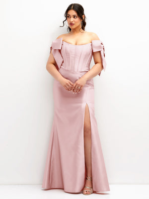 Dusty pink off-shoulder satin corset dress with bow sleeve details and long fit-flare skirt