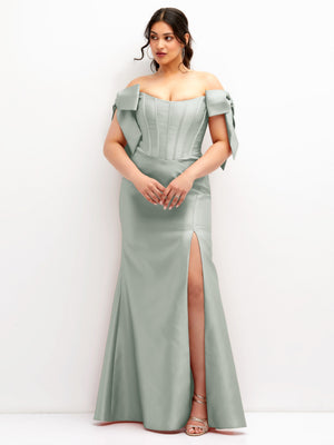 Willow green off-shoulder satin corset dress with bow-tied sleeves and front slit skirt