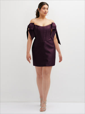 Burgundy satin off-shoulder corset mini dress with draped bow sleeve details