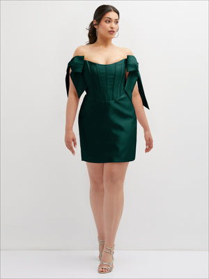 Dark green satin off-the-shoulder corset mini dress with tied bow straps