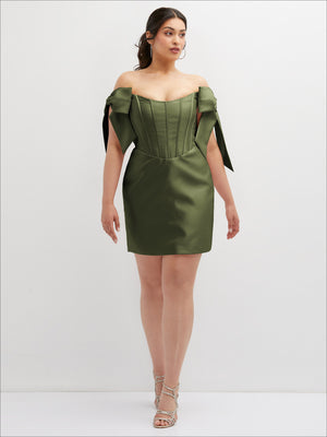 Satin off-shoulder mini dress with corset seams and shoulder bow ties, olive green