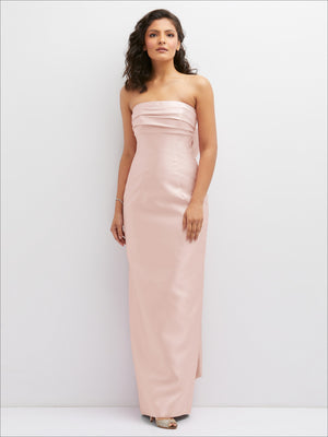 Blush strapless draped column dress with gathered sweetheart neckline