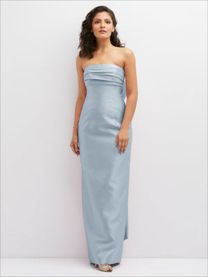 Light blue strapless column dress with ruched bodice and side slit
