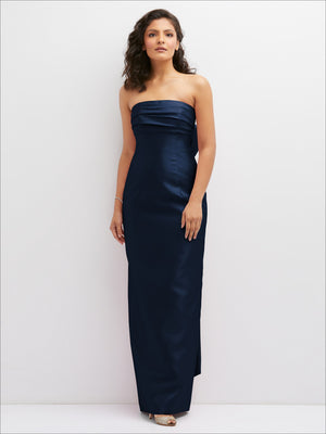 Strapless draped column dress with oversized bow, dark navy