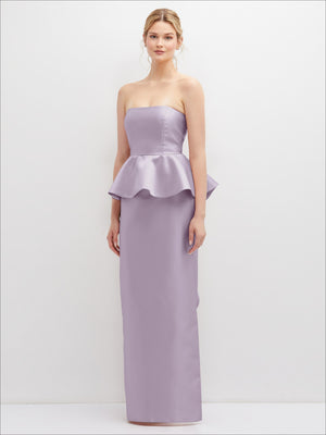 Strapless satin maxi dress, pale lilac, cascade ruffle peplum, side slit.