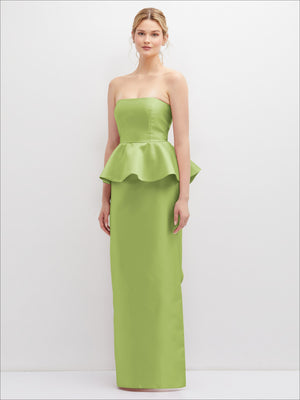 Strapless satin maxi dress in bright green with peplum ruffle at the waist and long skirt