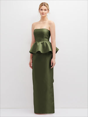 Olive green strapless satin maxi dress with cascading ruffle peplum detail