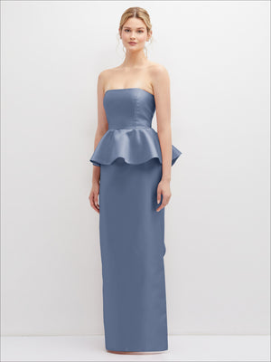 Strapless satin maxi dress, dusty blue, cascade ruffle peplum, side slit.