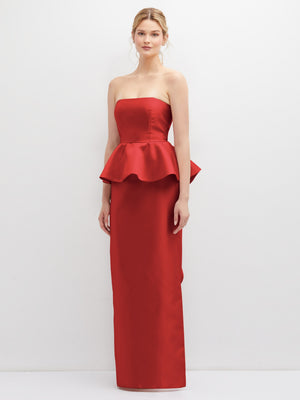 Strapless satin maxi dress, red, cascade ruffle peplum, side slit.
