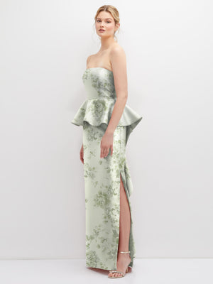 Sage green floral satin strapless maxi dress with cascade ruffle peplum detail
