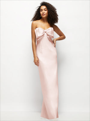 Strapless satin column maxi dress with oversized bow detail, blush pink