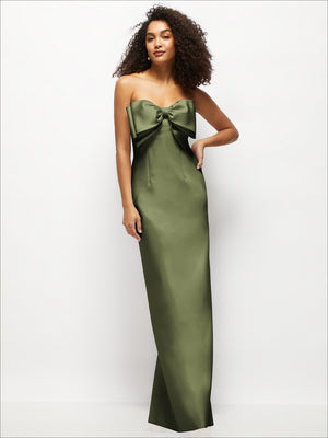 Olive green strapless satin column maxi dress with oversized handcrafted bow at bust.
