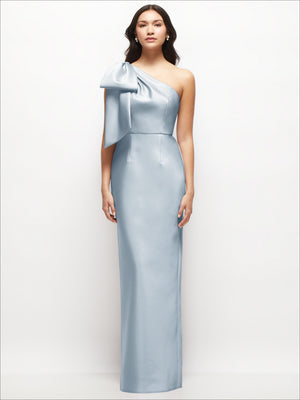Light blue satin one-shoulder maxi dress with oversized bow detail and column maxi length