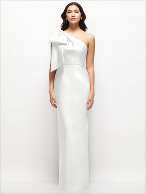 Ivory one-shoulder satin column maxi dress with draped bow over one shoulder
