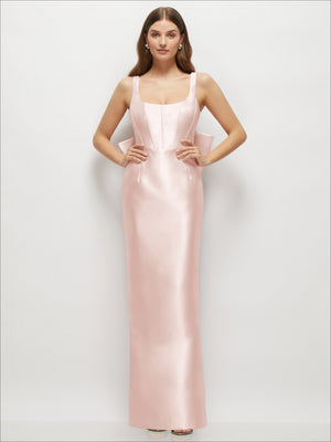 Satin corset maxi dress with scoop neck, pale blush pink slim column fit