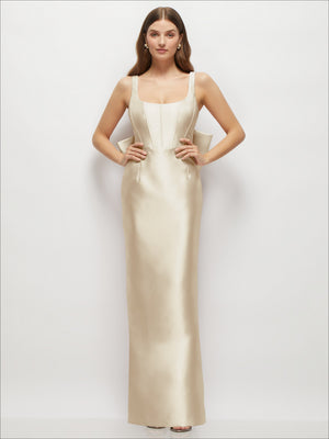 Ivory satin corset maxi dress with scoop neckline and thin straps