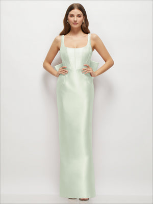 Scoop-neck satin corset maxi dress with spaghetti straps, floor-length hem in pale green.
