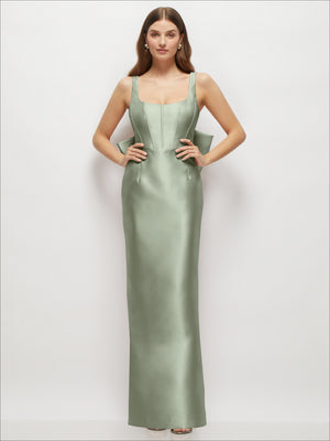 Scoop-neck satin corset maxi dress with spaghetti straps, floor-length hem, cool gray-green.