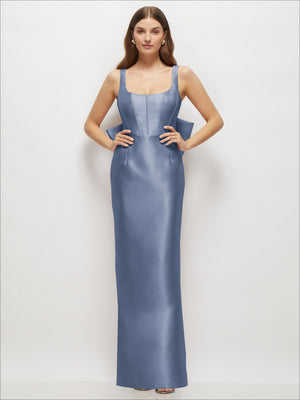 Blue scoop-neck corset satin maxi dress with thin straps and fitted bodice.
