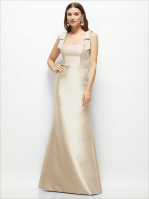 Satin fit-and-flare maxi dress, sleeveless square neck with shoulder bow straps, blush tone