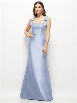 Satin fit and flare maxi dress in light blue with shoulder bows, sleeveless square neckline