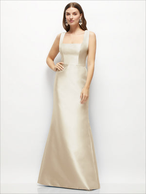 Satin square-neck fit-and-flare maxi dress in champagne-beige, sleeveless with straight straps