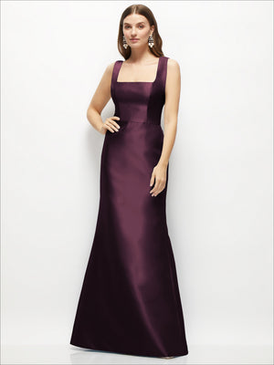 Satin square-neck fit-and-flare maxi dress, sleeveless, plum, front view