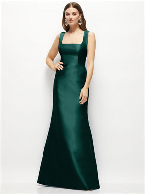 Emerald green satin square-neck fit-and-flare maxi dress, sleeveless with back zip