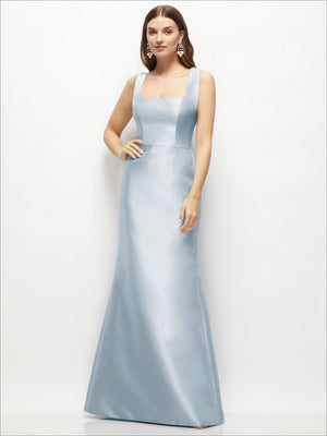 Blue satin square-neck sleeveless fit-and-flare maxi dress with clean front lines