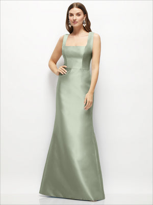 Sage satin square-neck fit-and-flare maxi dress, sleeveless with smooth drape