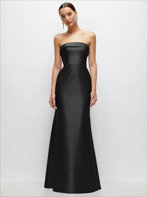 Black strapless satin trumpet gown with fitted waist and flared A-line skirt
