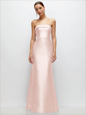 Blush pink satin strapless trumpet gown with straight bandeau neckline and fitted bodice