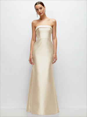 Ivory satin strapless trumpet gown with straight cuff neckline and smooth bodice