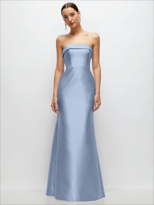 Powder blue satin strapless trumpet gown, straight strapless neckline and long flared hem