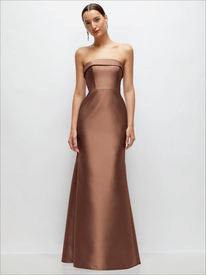 Cognac satin strapless trumpet gown with cuff neckline and clean fitted waist