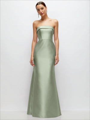 Sage green satin strapless trumpet gown, straight bandeau top with flared mid-length skirt.