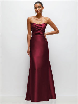 Deep burgundy satin strapless dress with draped, ruched bodice and trumpet skirt