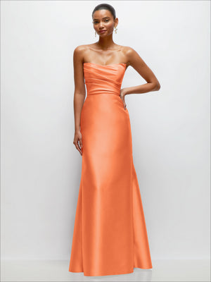 Coral/orange satin strapless dress with draped bodice and trumpet skirt, fitted waist