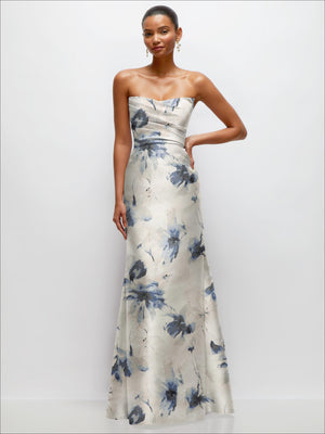 Ivory strapless satin trumpet dress with blue floral print and draped bodice