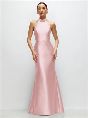 Blush pink satin halter high-neck trumpet dress, sleeveless, floor-length