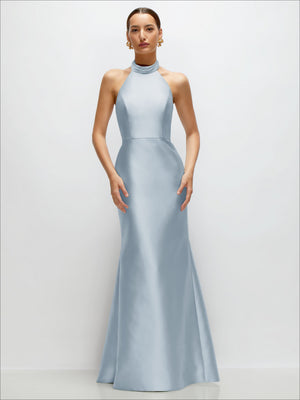 Powder blue satin trumpet gown with high halter neckline and fitted bodice